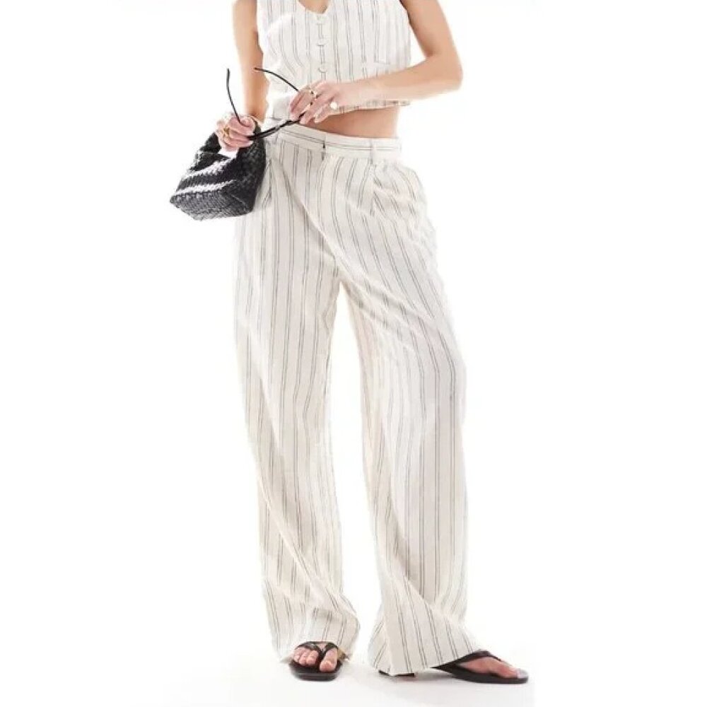 Mango Stripe Linen Mix Pants White/Cream Sz XS NWT